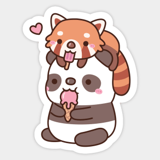 Cute Red Panda And Panda Eating Ice Cream For Summer Sticker